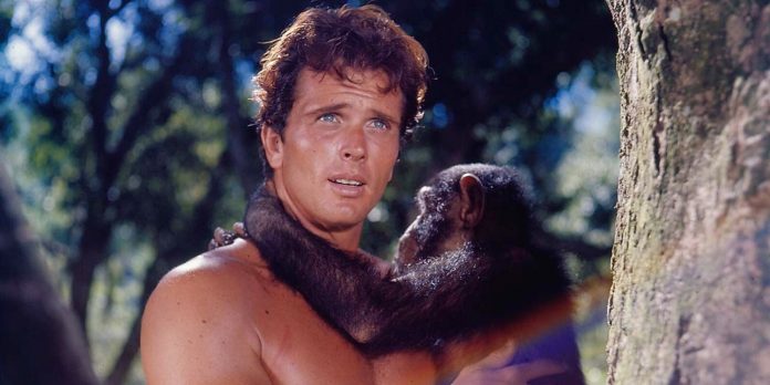 Ron Ely portraying Tarzan in the iconic 1960s television series, showcasing his muscular physique and jungle surroundings.